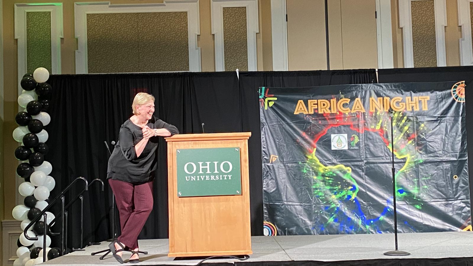 Ohio University's President Dr. Lori Stewart-Gonzales speaking to the guest at Ohio University's Africa Night Celebration.